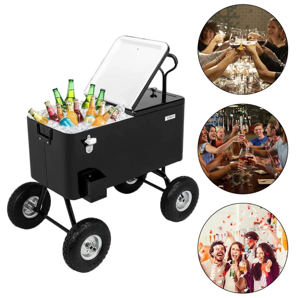 80 Qt. Wagon Rolling Cooler Ice Chest with Long Handle and 10 in. Wheels, Portable Patio Party Bar Cold Drink Beverage by VINGLI - Image 7