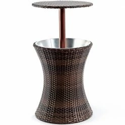 Rattan Style Outdoor Patio Cooler Table of Iron Frame Ice Bucket Deck Pool Party by Gymax