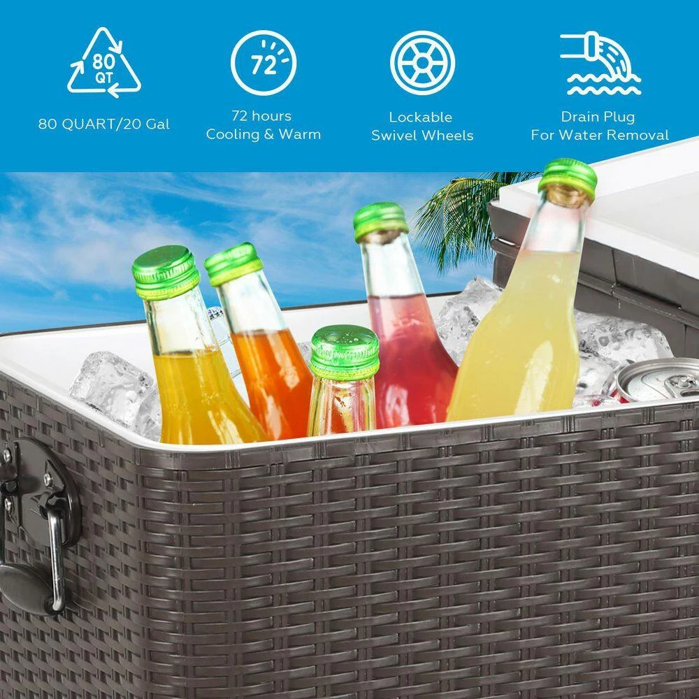 80 qt. Stainless Steel Outdoor Patio Rolling Cooler in Brown, Ice Chest Cart with Bottom Shelf by Kahomvis - Image 4