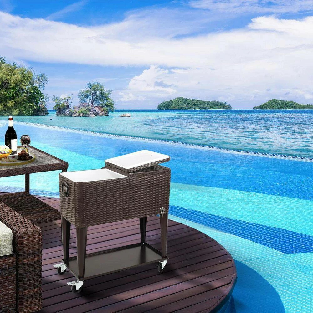 80 qt. Stainless Steel Outdoor Patio Rolling Cooler in Brown, Ice Chest Cart with Bottom Shelf by Kahomvis - Image 6