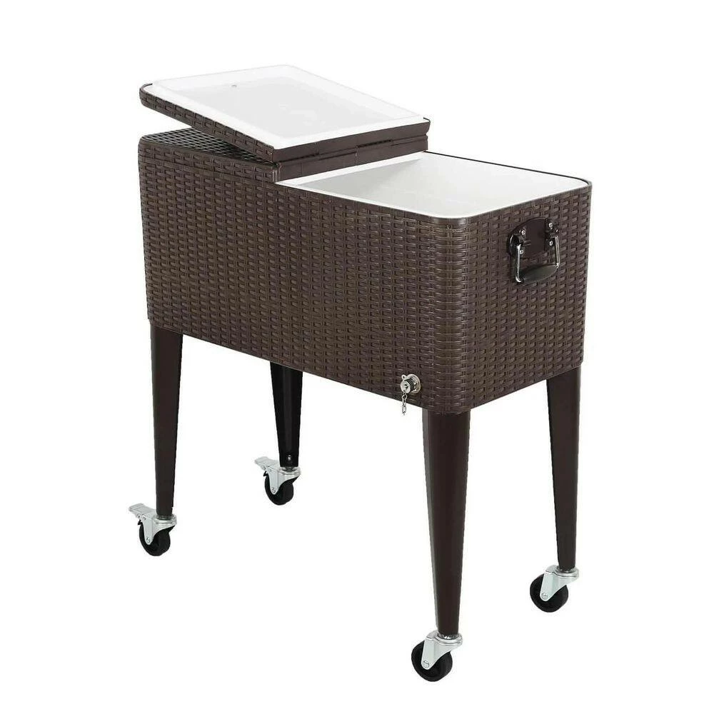 80 qt. Stainless Steel Outdoor Patio Rolling Cooler in Brown, Ice Chest Cart with Bottom Shelf by Kahomvis - Image 3