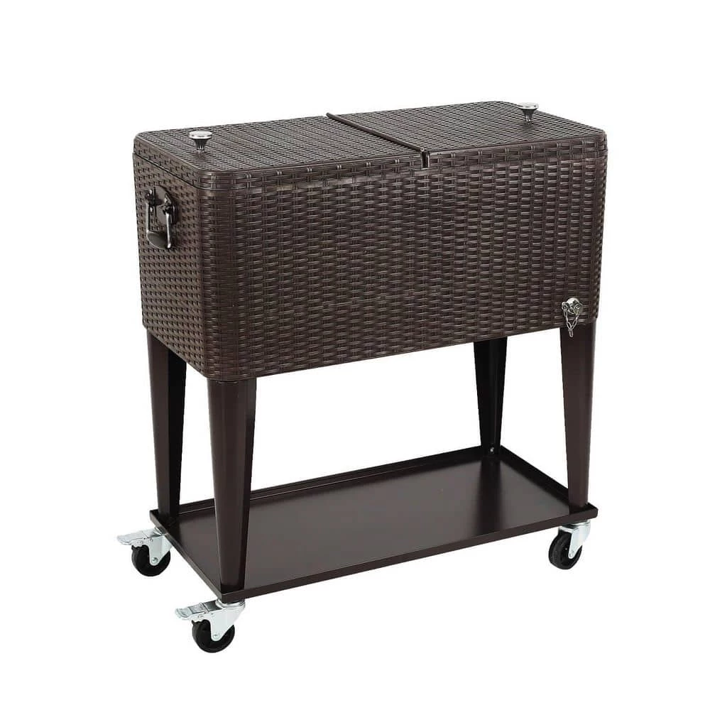 80 qt. Stainless Steel Outdoor Patio Rolling Cooler in Brown, Ice Chest Cart with Bottom Shelf by Kahomvis