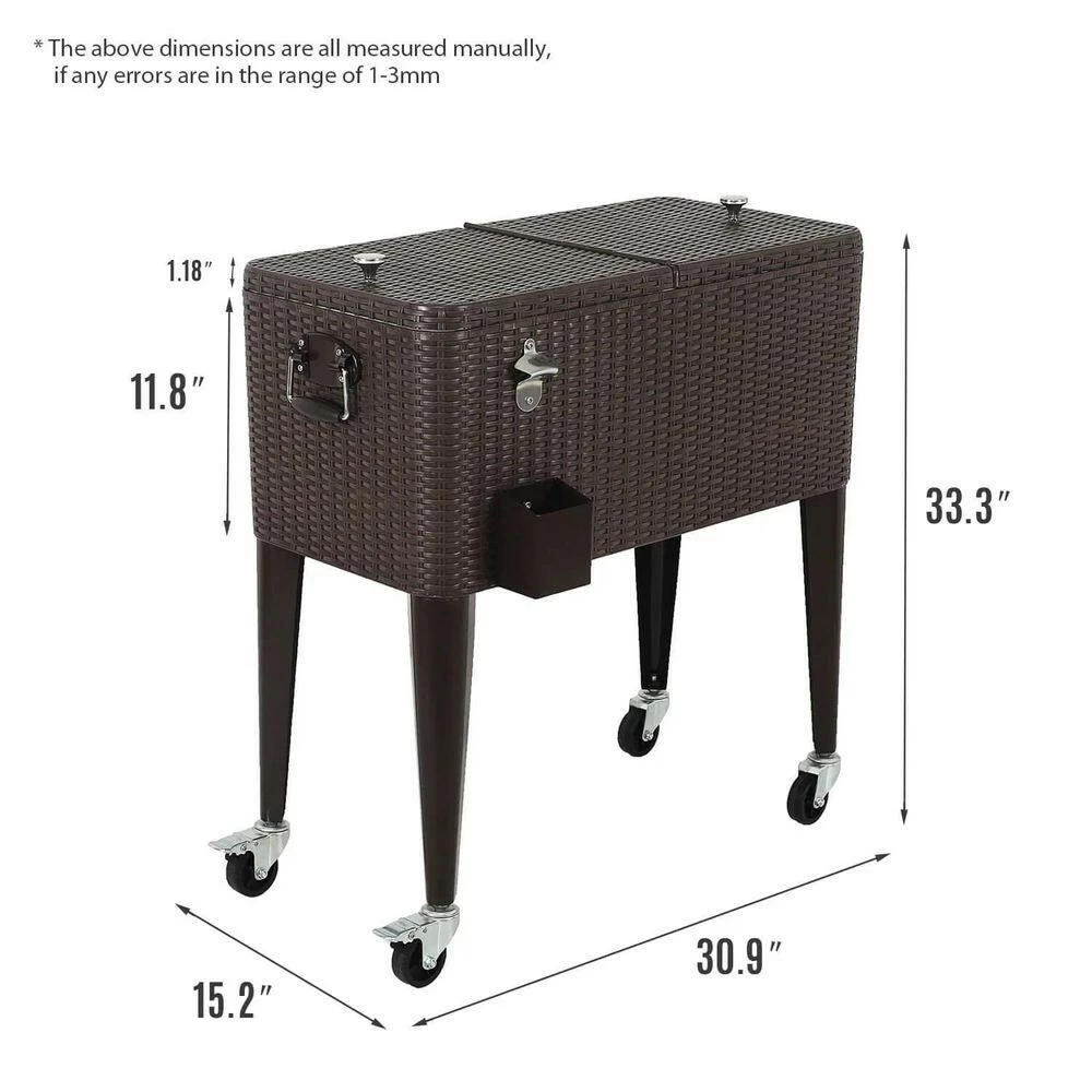 80 qt. Stainless Steel Outdoor Patio Rolling Cooler in Brown, Ice Chest Cart with Bottom Shelf by Kahomvis - Image 2