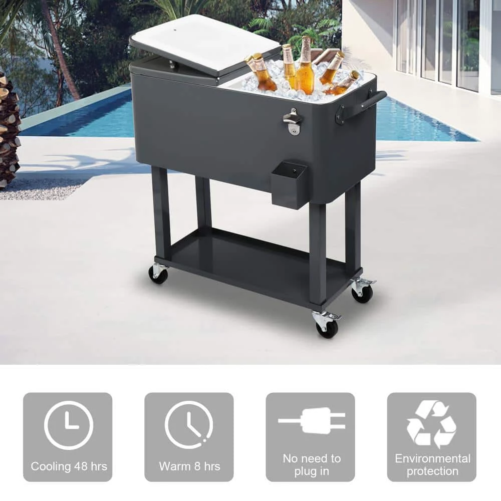 Dark Grey 80 qt. Iron Beverage Wheeled Cooler with Shelf by Karl home - Image 4