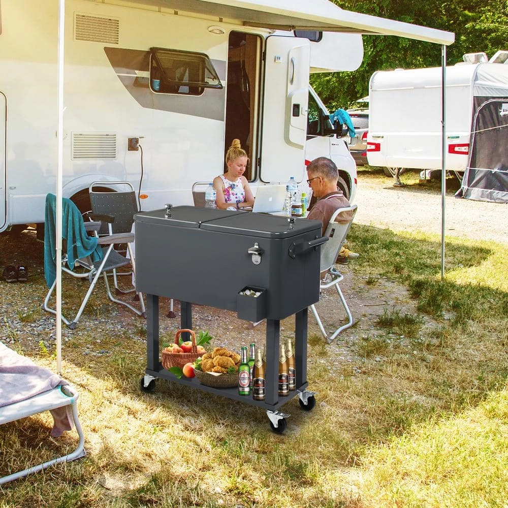 Dark Grey 80 qt. Iron Beverage Wheeled Cooler with Shelf by Karl home - Image 7
