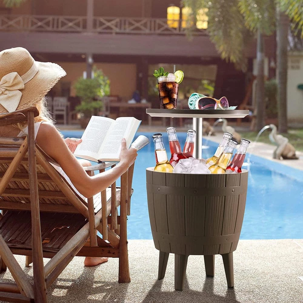 Outdoor Cooler Table, 3-In-1 Height Adjustable Cooler Side Table, 9.8 Gal. Patio Cooler with Drain Plug Grey by Unbranded - Image 3