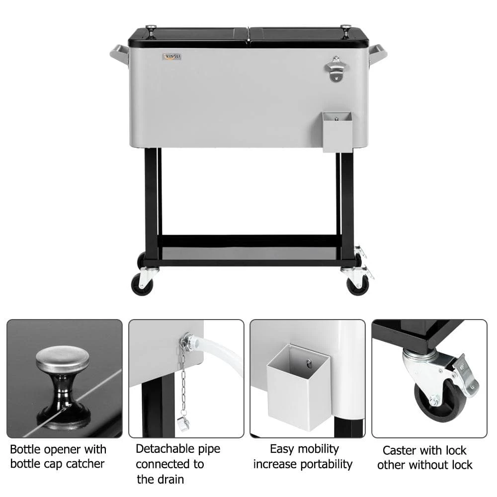 80 qt. Rolling Ice Chest, Portable Patio Party Bar Drink Cooler Cart, with Shelf, Bottle Opener in Grey by VINGLI - Image 3