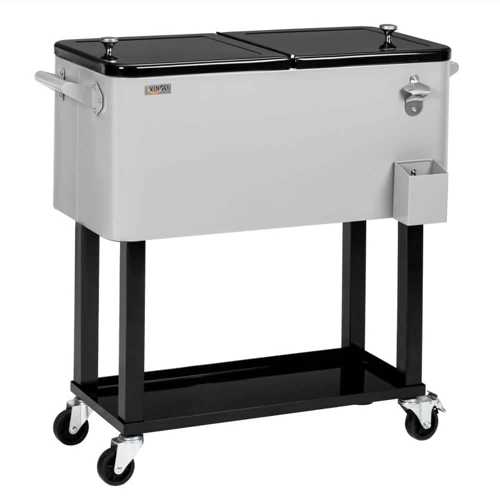 80 qt. Rolling Ice Chest, Portable Patio Party Bar Drink Cooler Cart, with Shelf, Bottle Opener in Grey by VINGLI