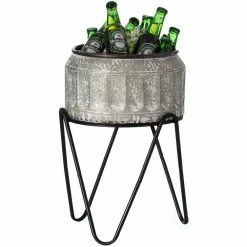Silver Galvanized Metal Ice Bucket Beverage Cooler Tub with Stand, Medium by Vintiquewise