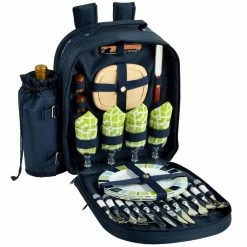 Deluxe Equipped 4-Person Picnic Backpack in Navy and Trellis Green by Unbranded