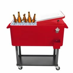 Red 80 Qt. Iron Beverage Wheeled Cooler with Shelf by Winado
