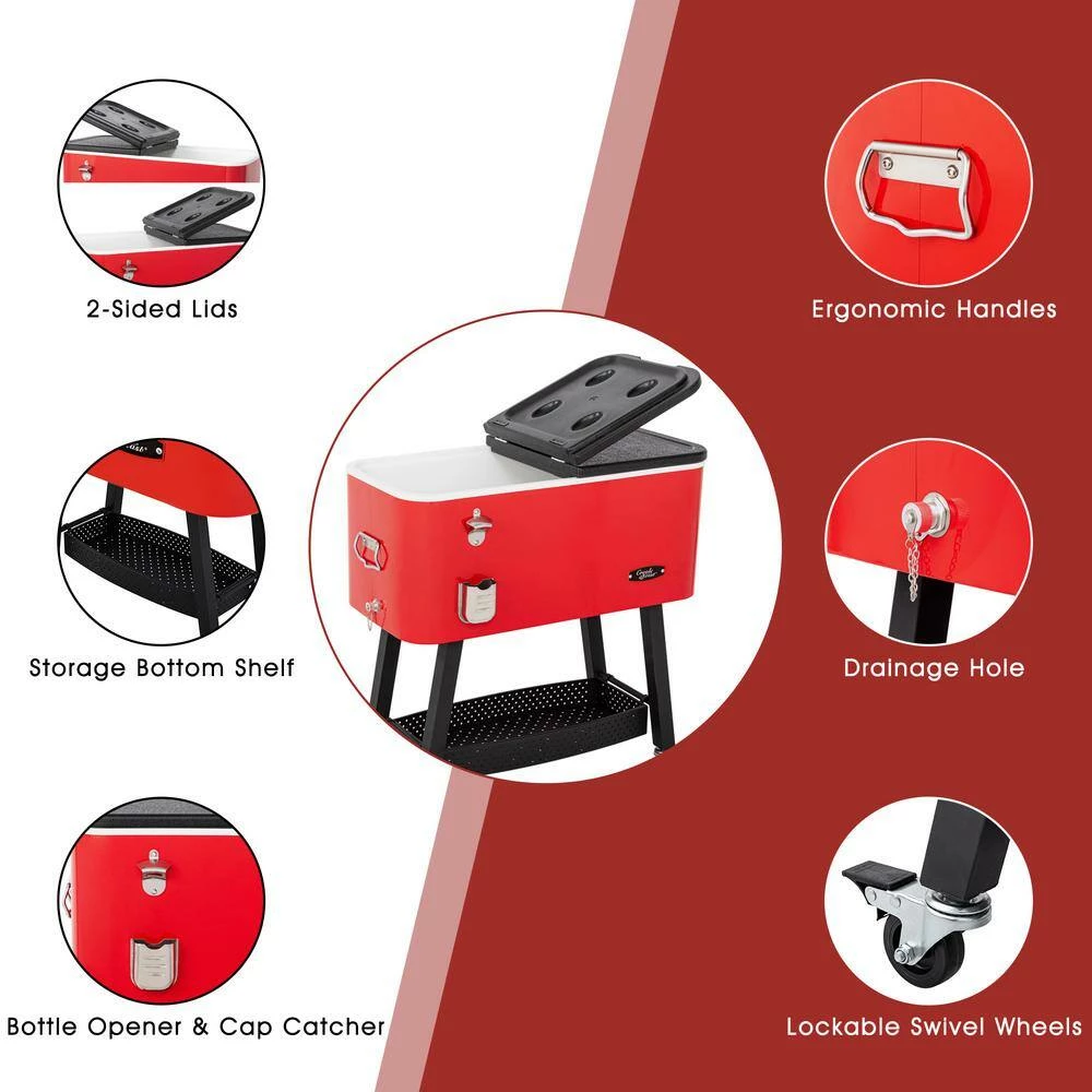 80 qt. Premium Rolling Portable Beverage Cooler for Outdoor Patio, Tailgating, Poolside, BBQ in Red by Unbranded - Image 6