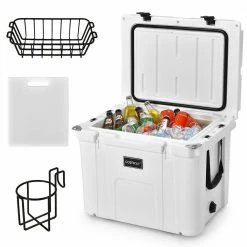 55 Quart Cooler Portable Ice Chest w/Cutting Board Basket for Camping White by Costway