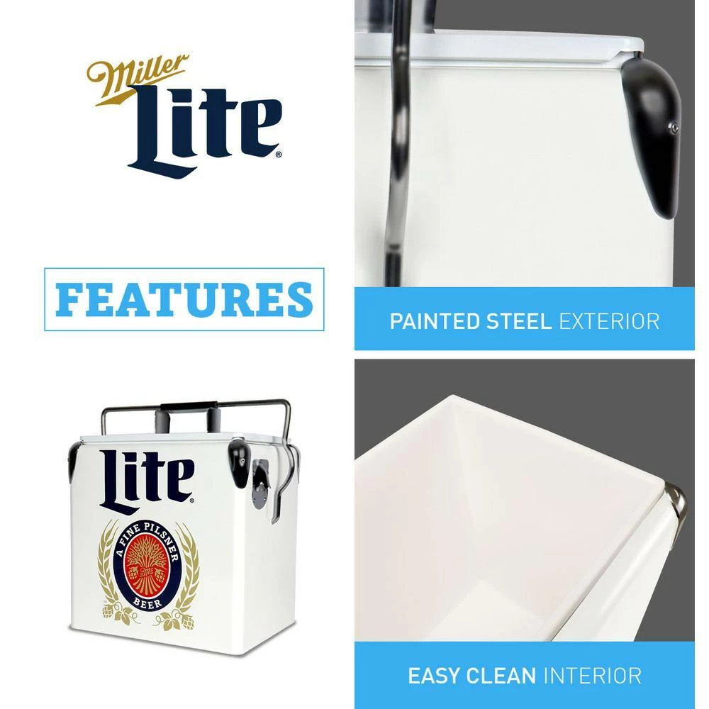 Miller Lite Retro Ice Chest Beverage Cooler with Bottle Opener 13L (14 qt.) 18 Can, White and Blue by Koolatron - Image 6