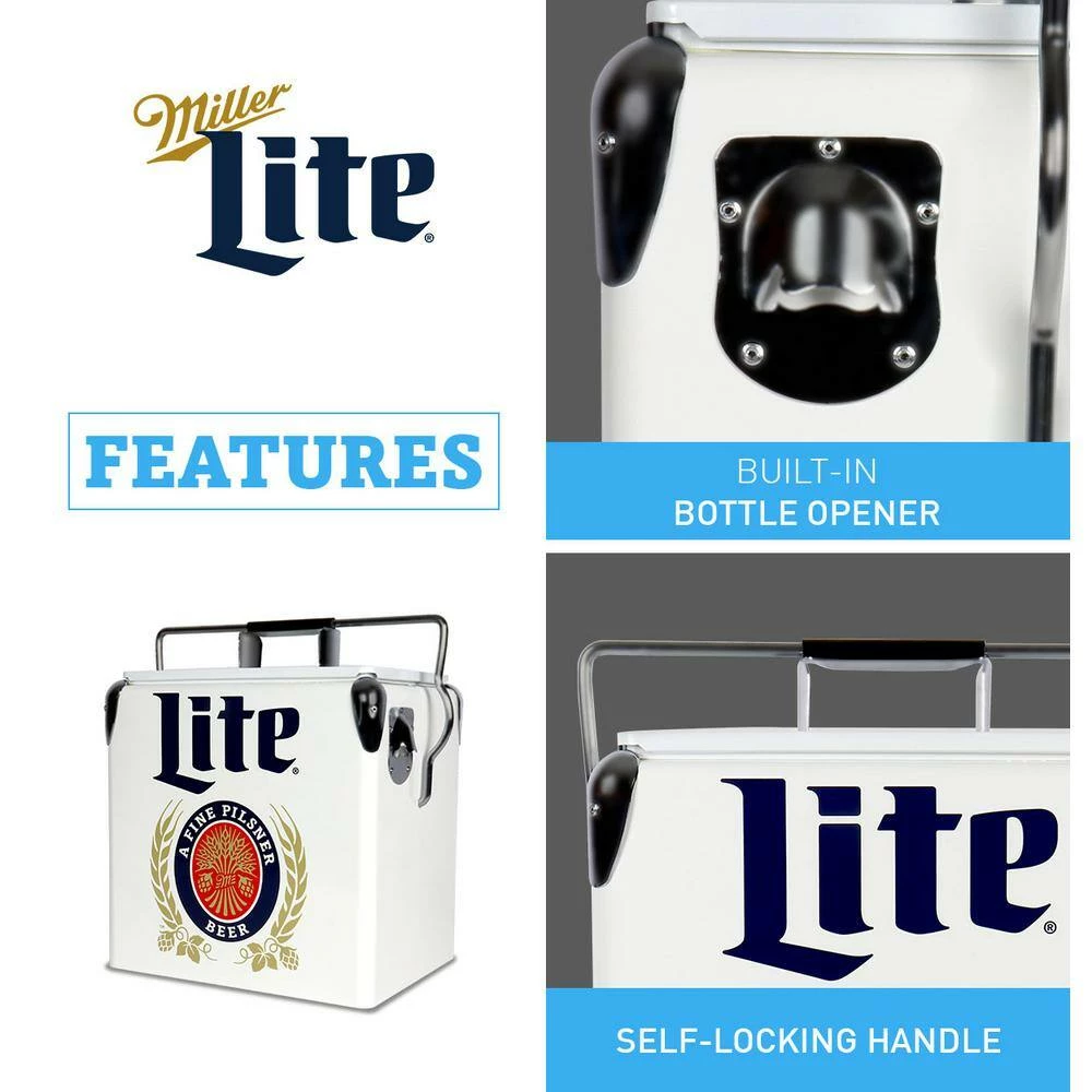 Miller Lite Retro Ice Chest Beverage Cooler with Bottle Opener 13L (14 qt.) 18 Can, White and Blue by Koolatron - Image 7