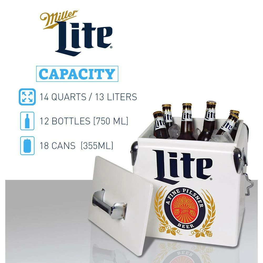 Miller Lite Retro Ice Chest Beverage Cooler with Bottle Opener 13L (14 qt.) 18 Can, White and Blue by Koolatron - Image 3